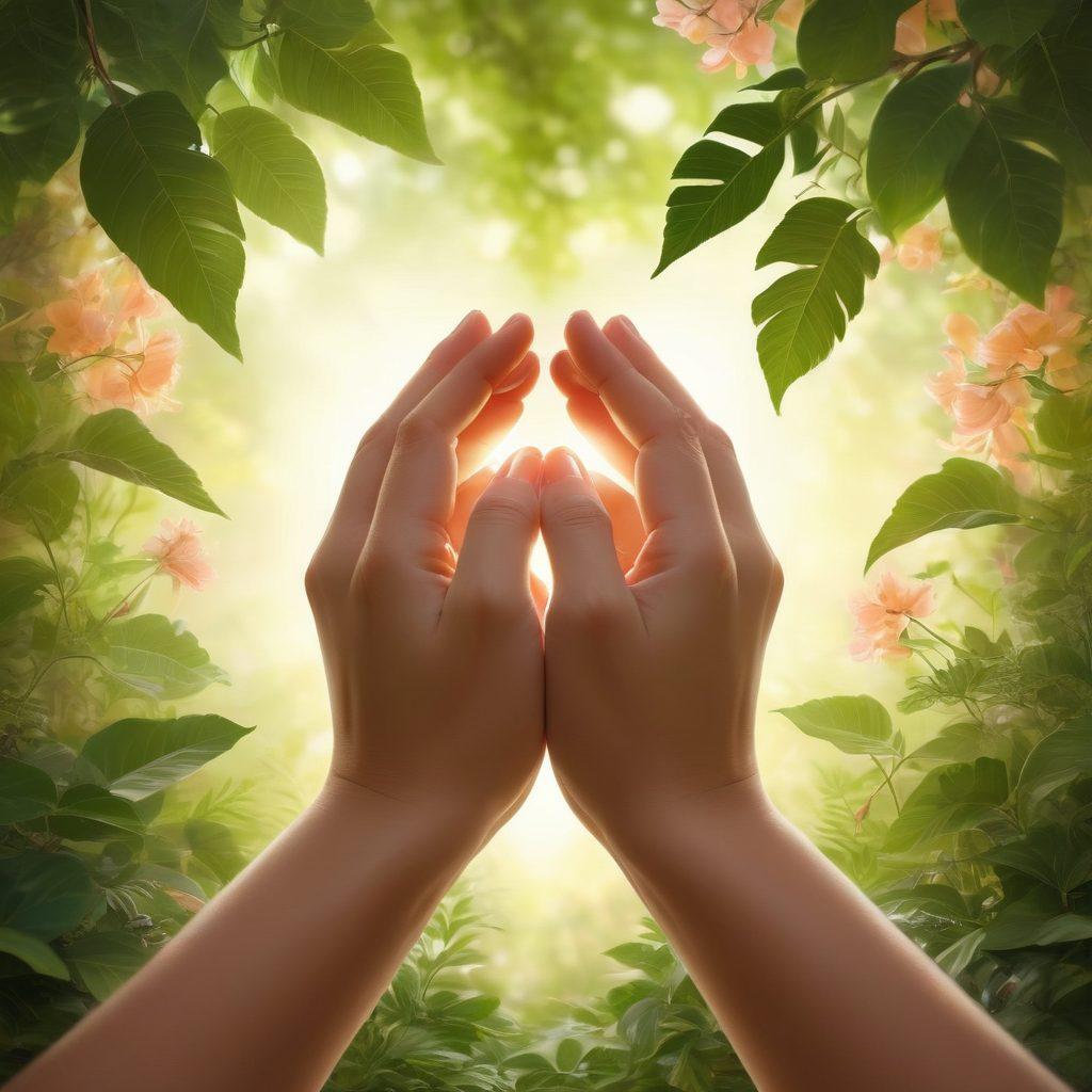 A warm and inviting scene of two hands gently clasped together, symbolizing intimacy and connection, surrounded by soft glowing heart shapes in the background. Subtle hints of nature like blooming flowers and soft sunlight filtering through leaves, representing growth and adoration. The overall tone should evoke feelings of love and commitment. soft focus. warm color palette. romantic vibe.