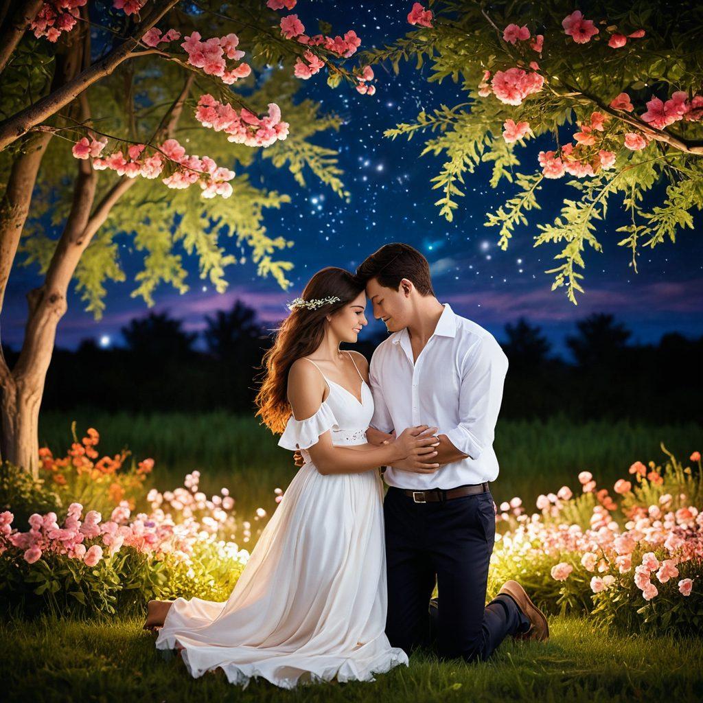 A romantic scene depicting a couple sharing an intimate moment under a starlit sky, surrounded by soft glowing lights symbolizing enduring love. Their hands are intertwined, conveying deep connection and commitment, with hints of nature around them like blooming flowers and gentle breezes. The atmosphere should radiate warmth and intimacy, invoking feelings of romance. soft focus. vibrant colors. painting.