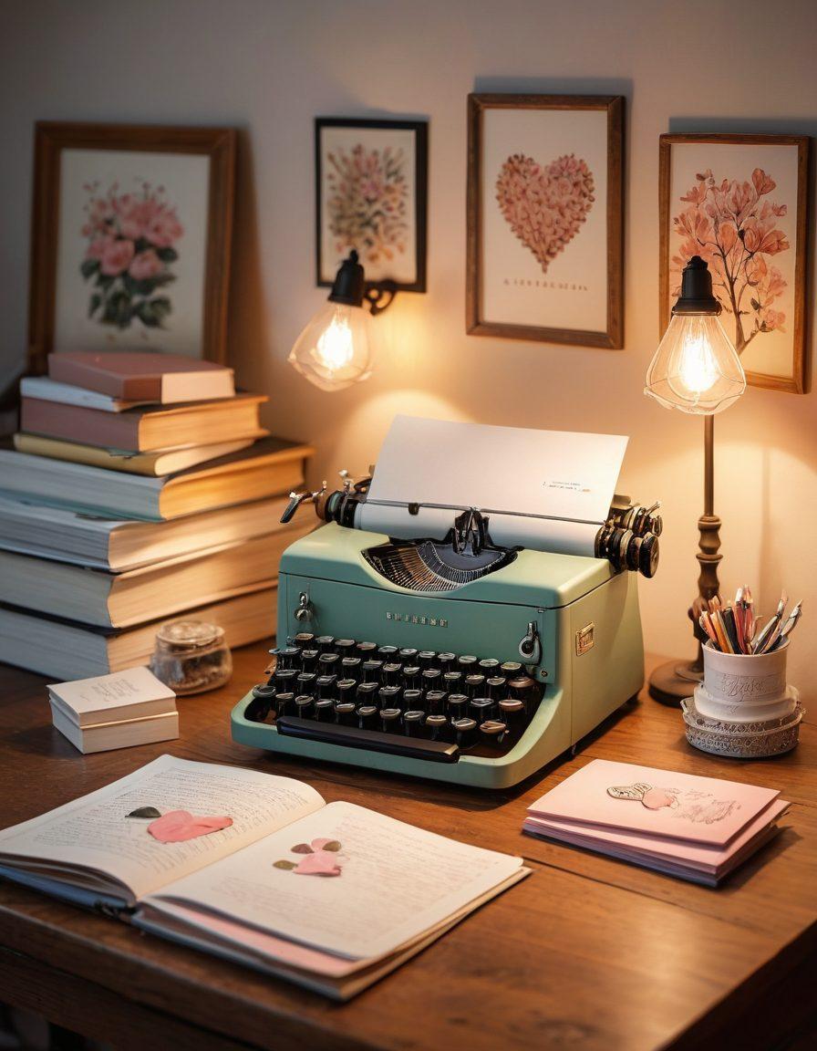 A serene, cozy writing nook with a vintage typewriter, heart-themed stationery scattered, and soft romantic lighting illuminating a couple exchanging loving glances. Surrounding the nook are whimsical illustrations of love stories in progress displayed on the wall. The vibe should be warm and inviting, evoking inspiration and connection. soft pastels. romantic atmosphere. 3D.
